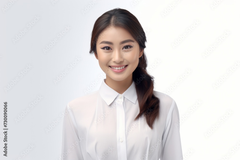 Apprentice teenage Asian woman, exuding ambition and determination, stands in a white shirt against a white background, her charismatic smile lighting up the scene. Generative AI. Apprentice teenage Asian woman, exuding ambition and determination, stands in a white shirt against a white background, her charismatic smile lighting up the scene. Generative AI.
