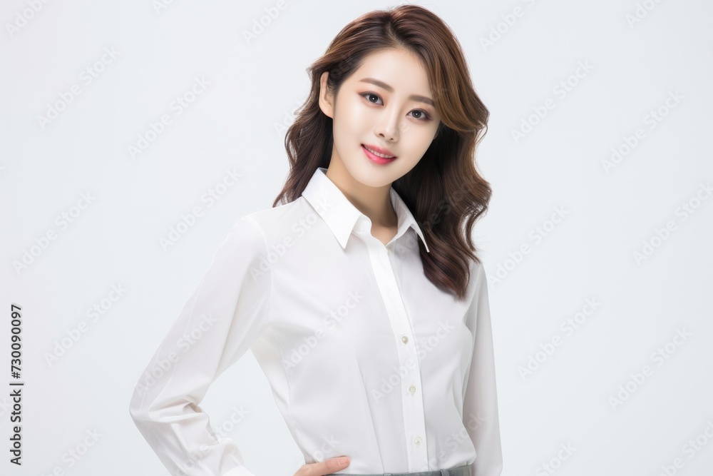 Apprentice teenage Asian woman, exuding ambition and determination, stands in a white shirt against a white background, her charismatic smile lighting up the scene. Generative AI. Apprentice teenage Asian woman, exuding ambition and determination, stands in a white shirt against a white background, her charismatic smile lighting up the scene. Generative AI.