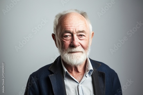 Portrait of a senior man with white beard and mustache on grey background