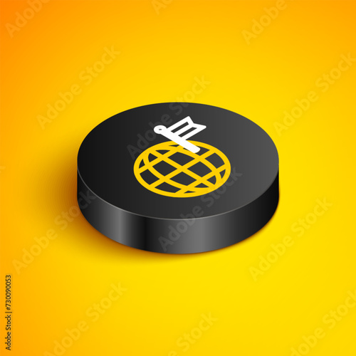 Isometric line Planet with flag icon isolated on yellow background. Victory, winning and conquer adversity concept. Black circle button. Vector