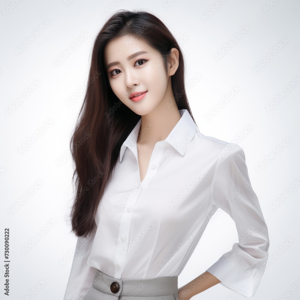 Apprentice teenage Asian woman, exuding ambition and determination, stands in a white shirt against a white background, her charismatic smile lighting up the scene. Generative AI. Apprentice teenage Asian woman, exuding ambition and determination, stands in a white shirt against a white background, her charismatic smile lighting up the scene. Generative AI.
