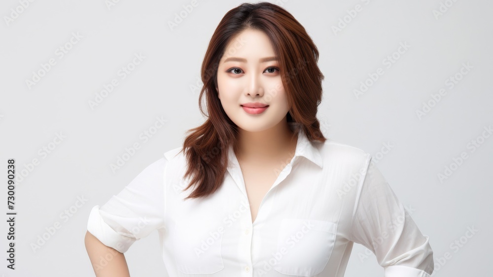 Apprentice teenage Asian woman, exuding ambition and determination, stands in a white shirt against a white background, her charismatic smile lighting up the scene. Generative AI.
