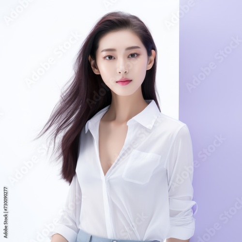 Apprentice teenage Asian woman, exuding ambition and determination, stands in a white shirt against a white background, her charismatic smile lighting up the scene. Generative AI.