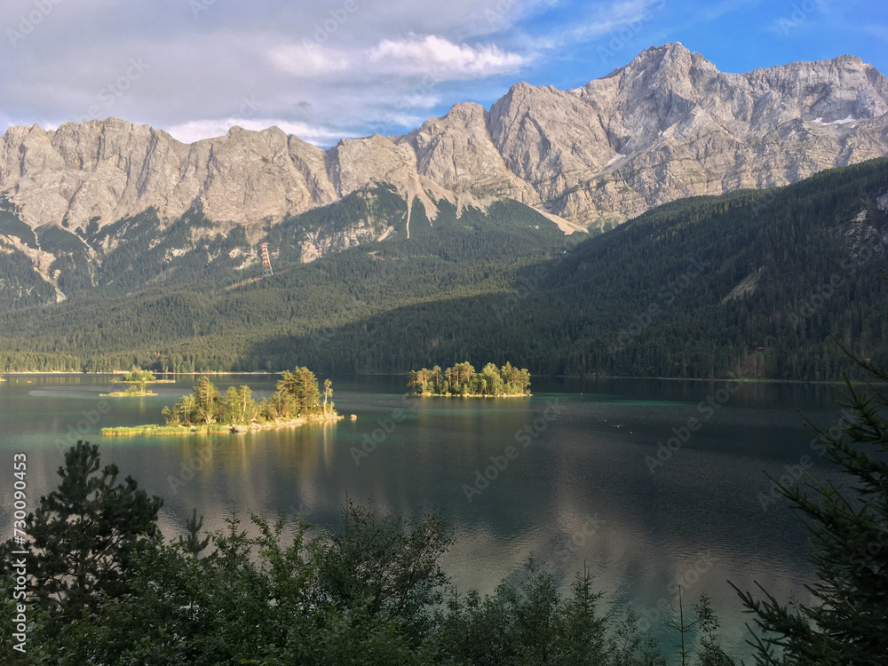 View of Eibsee Lake and Zugspitze, near Grainau and Garmisch-Partenkirchen, in the Bavarian Alps, Bavaria, Germany