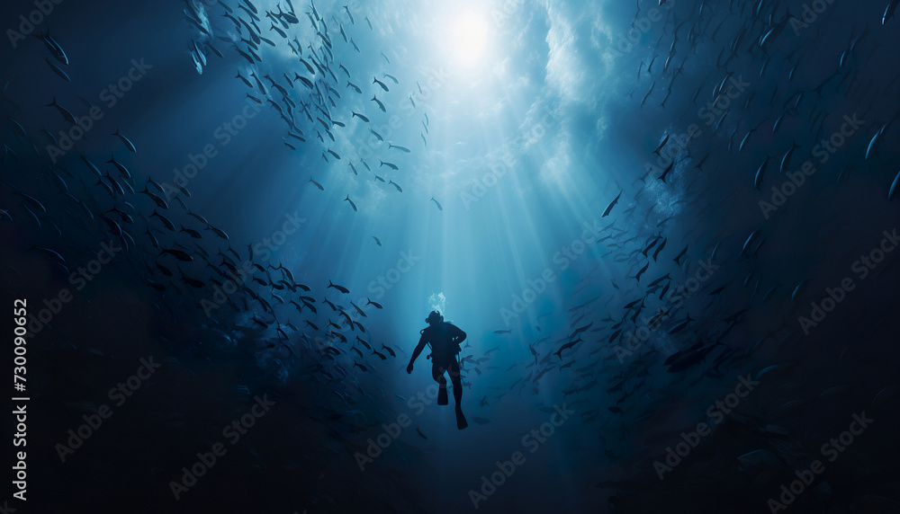 person scuba diver swimming underwater, man diving in deep blue sea or ocean - obrazy, fototapety, plakaty 