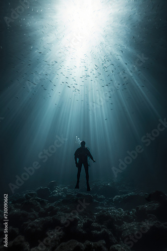 person scuba diver swimming underwater, man diving in deep blue sea or ocean © goami