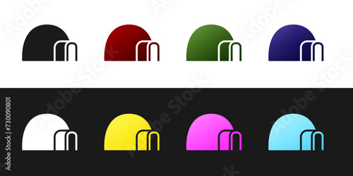 Set Igloo ice house icon isolated on black and white background. Snow home, Eskimo dome-shaped hut winter shelter, made of blocks. Vector