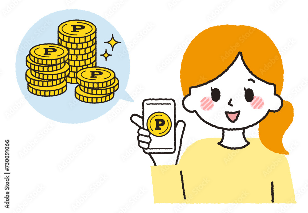 スマホでポイント活動をする主婦。ポイント運用をしているイラスト。