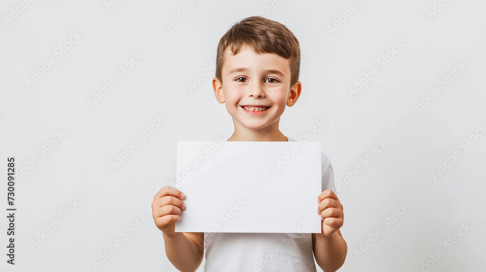 Cheerful Boy Holding Blank Placard: Ideal for Your Message or Text Cheerful Boy Holding Blank Placard: Ideal for Your Message or Text