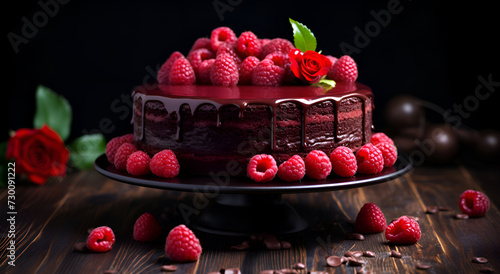 Chocolate cake with raspberries on black background