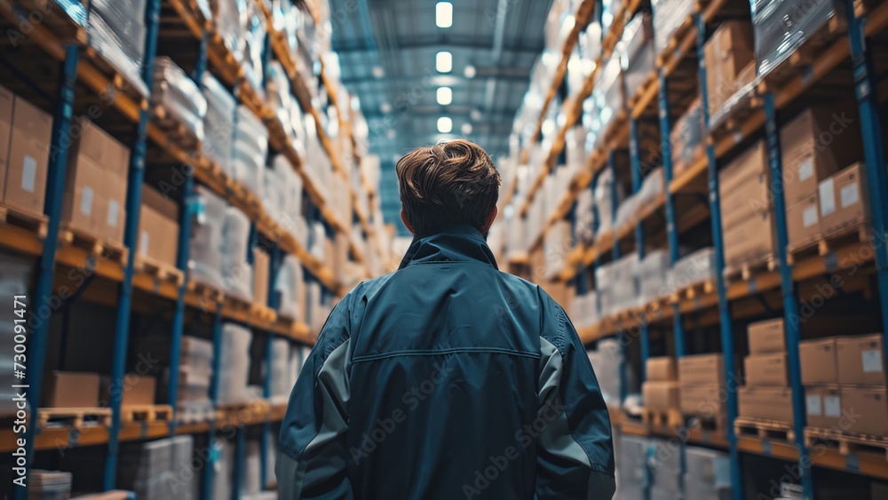 Naklejka premium Worker in Labor Outfit: Focal Point in Retail Warehouse Scene