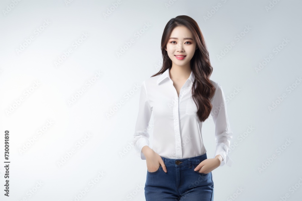 Aspiring Intern, Asian teenage woman, clad in a white shirt, stands before a white background, her infectious smile reflecting her enthusiasm for learning and growth. Generative AI. Aspiring Intern, Asian teenage woman, clad in a white shirt, stands before a white background, her infectious smile reflecting her enthusiasm for learning and growth. Generative AI.