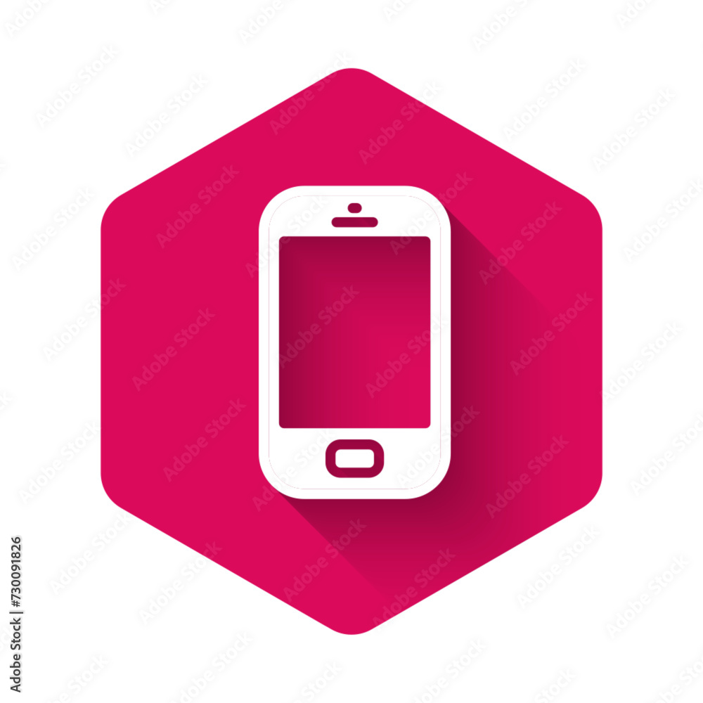 White Smartphone, mobile phone icon isolated with long shadow background. Pink hexagon button. Vector White Smartphone, mobile phone icon isolated with long shadow background. Pink hexagon button. Vector