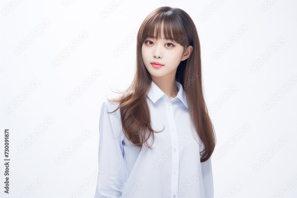 Aspiring Intern, Asian teenage woman, clad in a white shirt, stands before a white background, her infectious smile reflecting her enthusiasm for learning and growth. Generative AI. Aspiring Intern, Asian teenage woman, clad in a white shirt, stands before a white background, her infectious smile reflecting her enthusiasm for learning and growth. Generative AI.