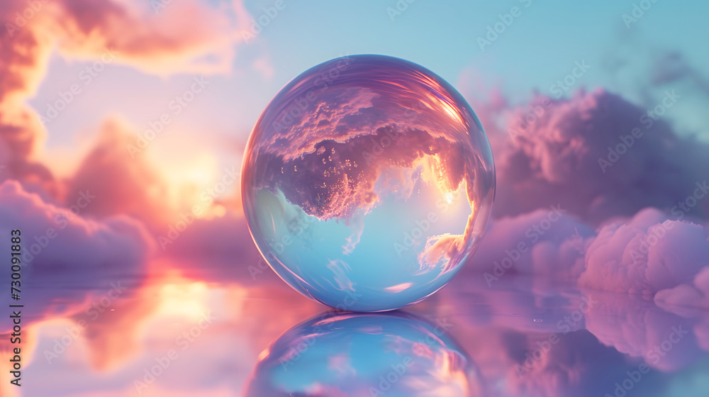 3D rendering of transparent pink luxury ball on water surface, fantasy, product discplay 3D rendering of transparent pink luxury ball on water surface, fantasy, product discplay