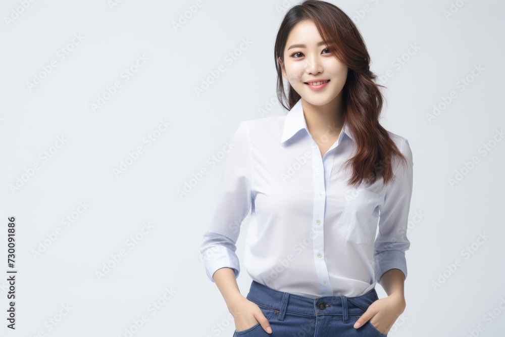 Aspiring Intern, Asian teenage woman, clad in a white shirt, stands before a white background, her infectious smile reflecting her enthusiasm for learning and growth. Generative AI. Aspiring Intern, Asian teenage woman, clad in a white shirt, stands before a white background, her infectious smile reflecting her enthusiasm for learning and growth. Generative AI.