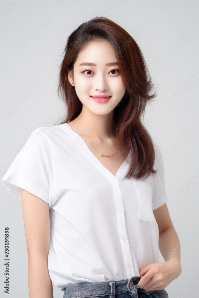 Aspiring Intern, Asian teenage woman, clad in a white shirt, stands before a white background, her infectious smile reflecting her enthusiasm for learning and growth. Generative AI. Aspiring Intern, Asian teenage woman, clad in a white shirt, stands before a white background, her infectious smile reflecting her enthusiasm for learning and growth. Generative AI.