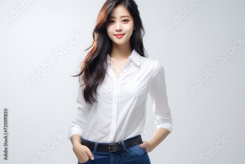 Aspiring Intern, Asian teenage woman, clad in a white shirt, stands before a white background, her infectious smile reflecting her enthusiasm for learning and growth. Generative AI. © Surachetsh