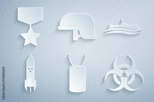 Set Military dog tag, Submarine, Nuclear rocket, Biohazard symbol, helmet and reward medal icon. Vector © vector_v
