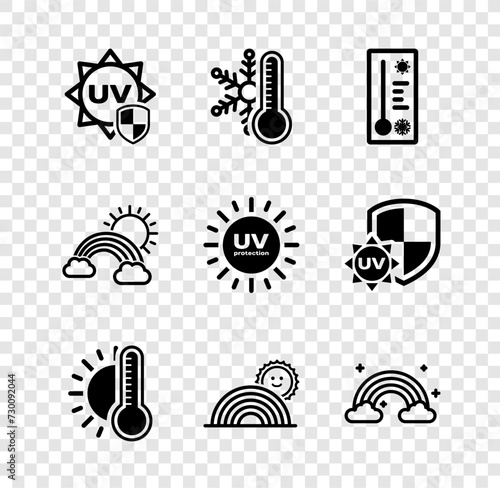 Set UV protection, Thermometer with snowflake, Meteorology thermometer, sun, Rainbow, clouds, and and icon. Vector