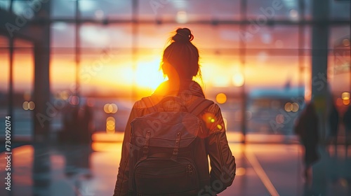 Woman with backpack gazing at sunset in airport.