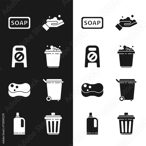 Set Bucket with soap suds, Wet floor and cleaning in progress, Bar of, Washing hands, Sponge, Trash can, and Fabric softener icon. Vector