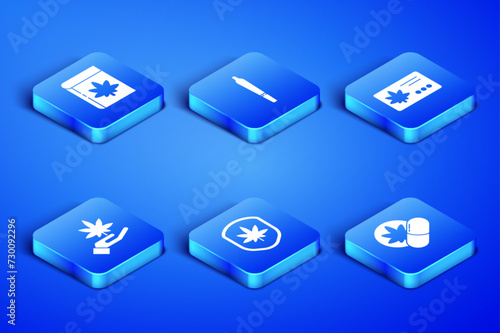 Set Herbal ecstasy tablets, Book and marijuana or cannabis, Shield leaf, Marijuana, joint and Calendar icon. Vector