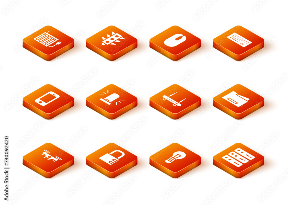 Set Drone flying, Safe combination lock, Smartphone, Flasher siren, Light bulb, Router and wi-fi signal, Server, Data, Web Hosting and Printer icon. Vector Set Drone flying, Safe combination lock, Smartphone, Flasher siren, Light bulb, Router and wi-fi signal, Server, Data, Web Hosting and Printer icon. Vector