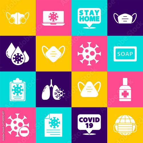 Set Earth with medical mask, Liquid antibacterial soap, Bar of, Stay home, Medical protective, Blood test and virus, and Virus icon. Vector