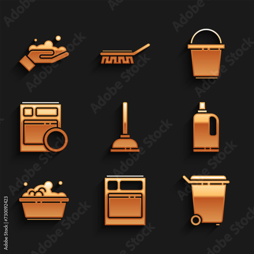 Set Rubber plunger, Kitchen dishwasher machine, Trash can, Fabric softener, Plastic basin with soap suds, Bucket and Washing hands icon. Vector