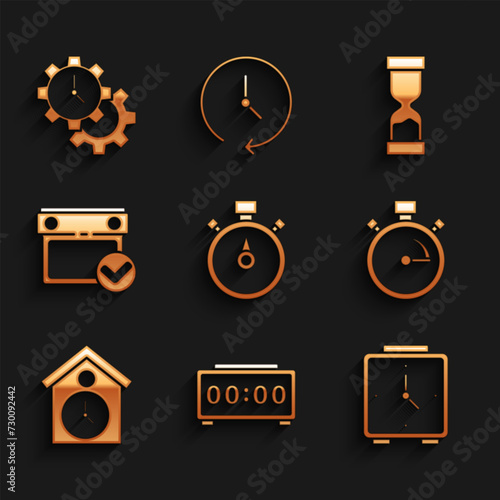 Set Stopwatch, Digital alarm clock, Alarm, Retro wall, Calendar with check mark, Old hourglass and Time Management icon. Vector