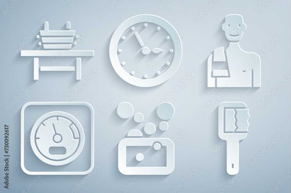 Set Bar of soap, Man in the sauna, Sauna thermometer, brush, clock and bench with bucket icon. Vector Set Bar of soap, Man in the sauna, Sauna thermometer, brush, clock and bench with bucket icon. Vector