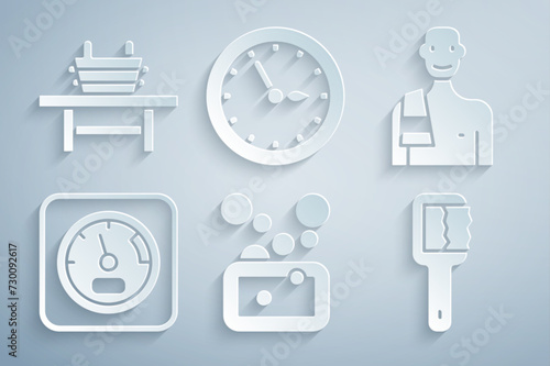 Set Bar of soap, Man in the sauna, Sauna thermometer, brush, clock and bench with bucket icon. Vector