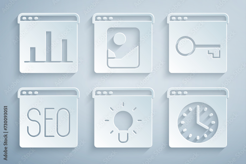 Set Browser window, Secure your site with HTTPS, SSL, SEO optimization, Photo retouching and Graph chart infographic icon. Vector Set Browser window, Secure your site with HTTPS, SSL, SEO optimization, Photo retouching and Graph chart infographic icon. Vector