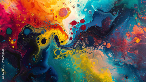 Liquid kaleidoscope of emotion, a burst of vibrant hues interplaying with the tranquil simplicity of the canvas.