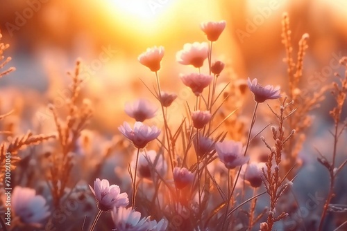 meadow flowers in early sunny fresh morning. Vintage autumn landscape background. colorful beautiful fall flowers magical. generative ai. © SEUNGJIN