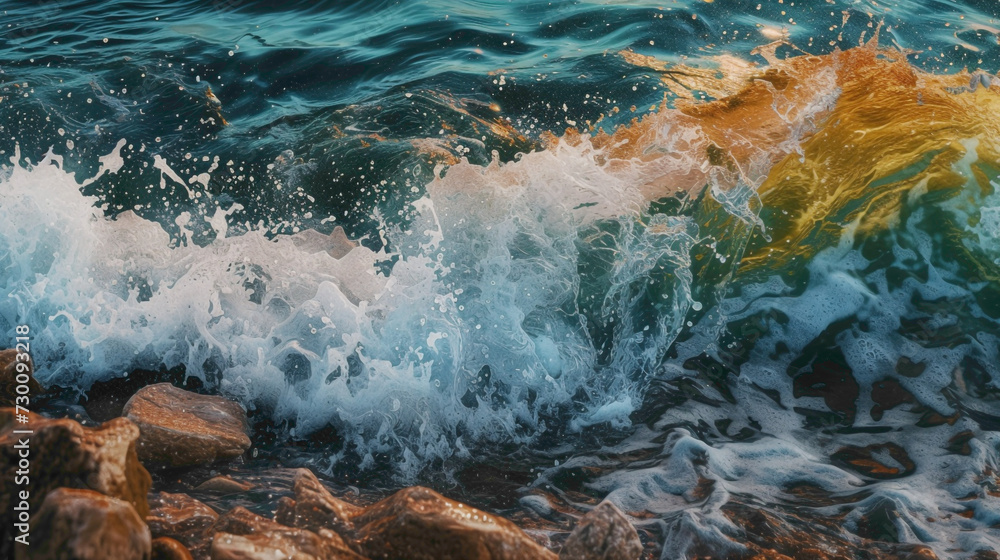 Ocean waves crashing against a rocky shore, each crest adorned with a burst of lively colors, creating a mesmerizing gradient that evolves with the ebb and flow of the tide.
