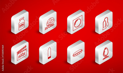 Set line Anal plug, Film reel with Sex, Condom in package, Penis pump, Leather fetish collar, Bottle pills for potency, Dildo vibrator and Movie clapper icon. Vector