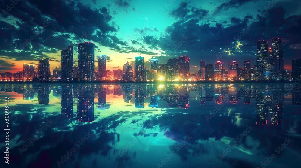 Radiant city lights reflecting on calm waters, embodying the serenity found in the midst of urban chaos