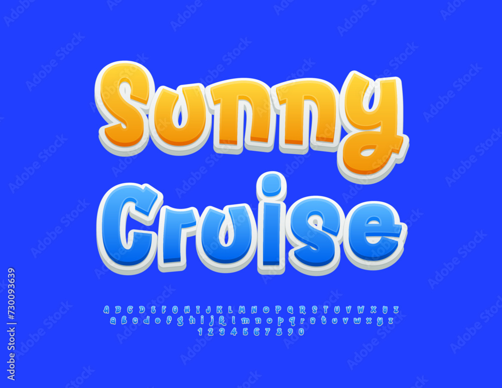 Vector trendy advertisement Sunny Cruise. Creative Funny Font. Modern handwritten Alphabet Letters and Numbers set.