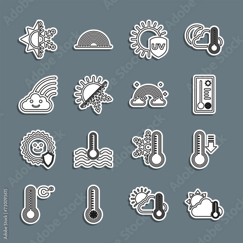 Set line Thermometer and cloud, sun, Meteorology thermometer, UV protection, Sun snowflake, Rainbow with, and clouds icon. Vector