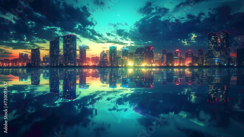 Radiant city lights reflecting on calm waters, embodying the serenity found in the midst of urban chaos © HASHMAT