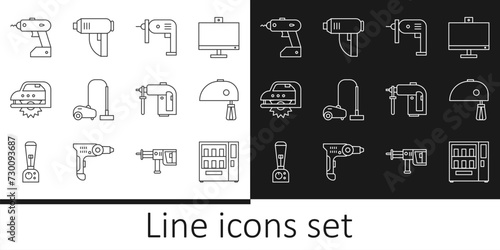 Set line Vending machine, Electric mixer, drill, Vacuum cleaner, circular saw, cordless screwdriver, Rotary hammer and industrial dryer icon. Vector
