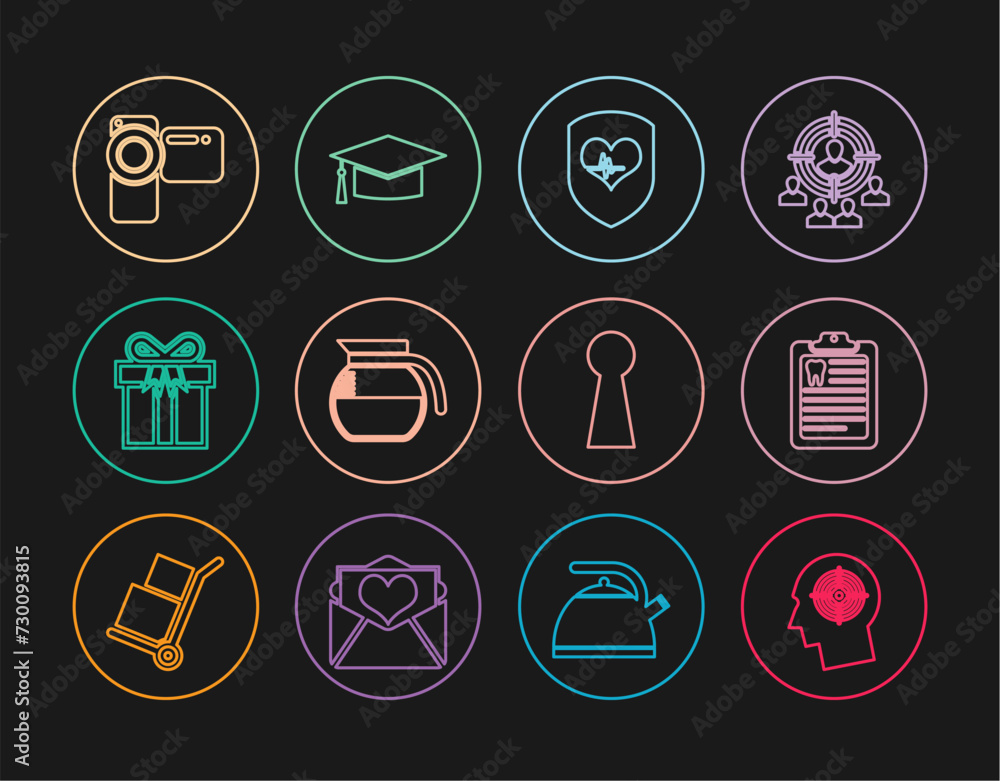 Set line Head hunting concept, Clipboard with dental card, Shield and heart rate, Coffee pot, Gift box, Cinema camera, Keyhole and Graduation cap icon. Vector Set line Head hunting concept, Clipboard with dental card, Shield and heart rate, Coffee pot, Gift box, Cinema camera, Keyhole and Graduation cap icon. Vector