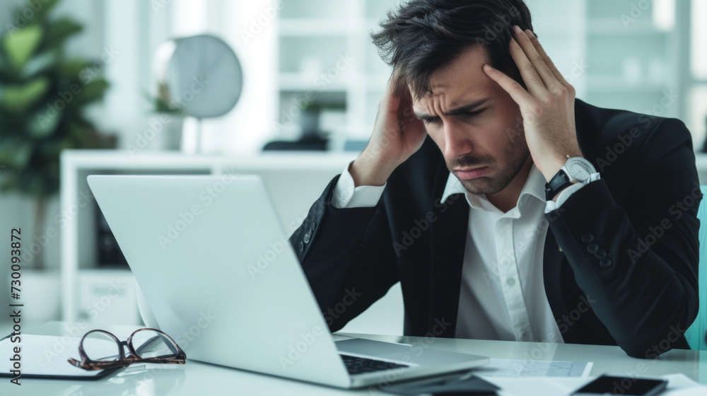 A stressed person at a desk holds their head in dismay while looking at a laptop screen, with eyeglasses set aside. A stressed person at a desk holds their head in dismay while looking at a laptop screen, with eyeglasses set aside.