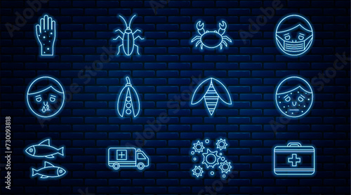 Set line First aid kit, Face with psoriasis or eczema, Crab, Kidney beans, Runny nose, Hand, Bee and Cockroach icon. Vector