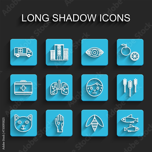 Set line Pet, Hand with psoriasis or eczema, Emergency car, Bee, Fish, Lungs, Wheat and Man excessive sweating icon. Vector