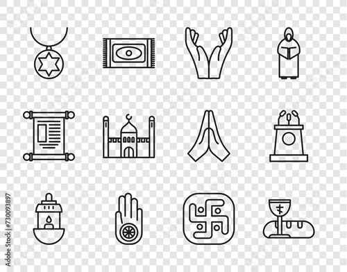 Set line Ramadan Kareem lantern, First communion symbols, Hands in praying position, Jainism or Jain Dharma, Star of David necklace chain, Muslim Mosque, and Stage stand tribune icon. Vector