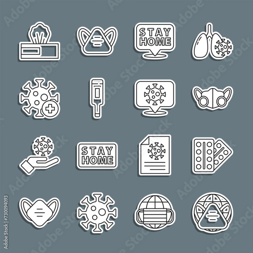 Set line Earth with medical mask, Pills in blister pack, Medical protective, Stay home, thermometer, Positive virus, Wet wipe and Corona on location icon. Vector