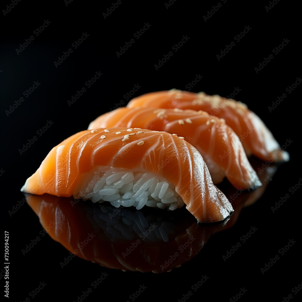 Salmon Japanese sushi close up shot. isolated on balck background. Salmon Japanese sushi close up shot. isolated on balck background.